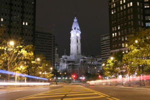 The Philadelphia City Hall building at night